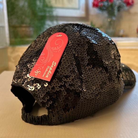 Sophia Collection Black Sequined BallCap! New, Elastic Ponytail Vent. Glam, Fun! - Picture 4 of 6